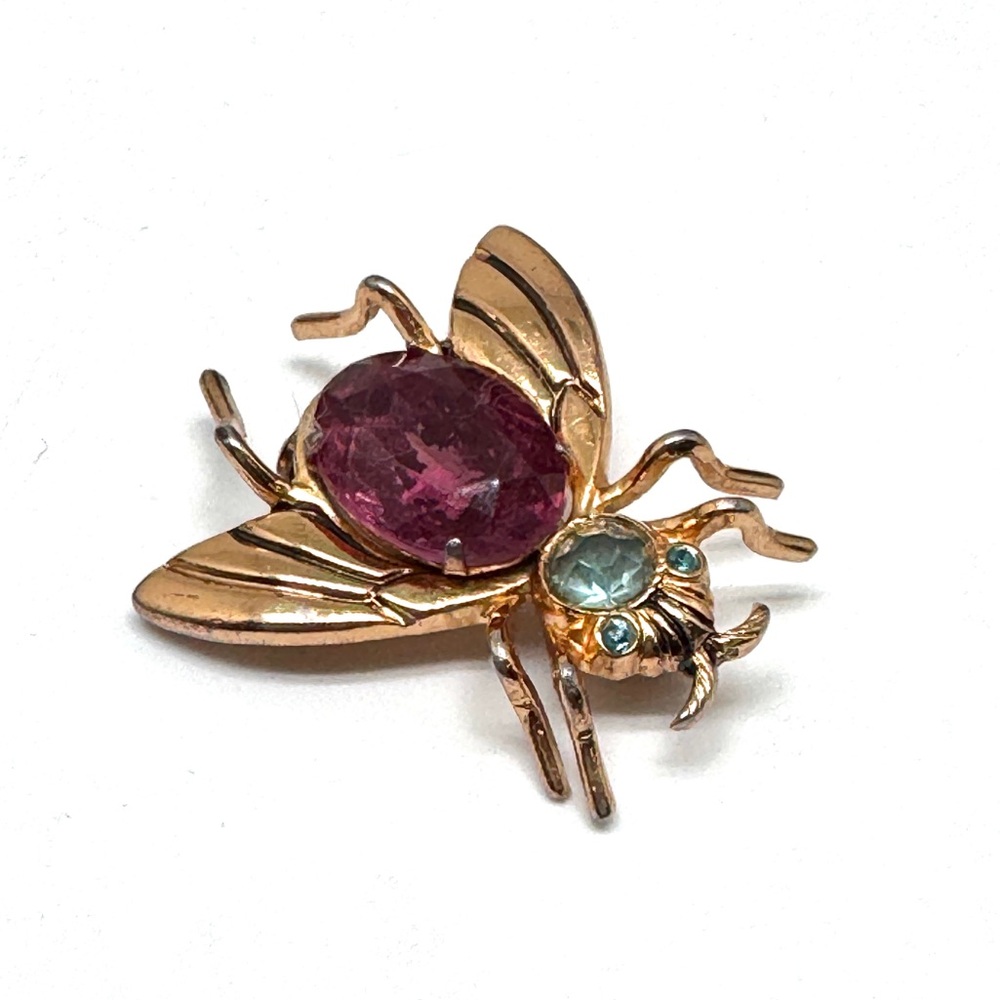 Vintage Coro Pegasus Rhinestone Fly Brooch Goldtone Pink and Blue Insect Pin